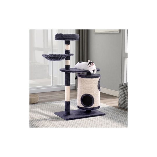 Flkwoh - Cat Tree with Scratching Barrel, Cat Tree with Cylindrical Cat House, Cat Activity Center (Dark Grey).