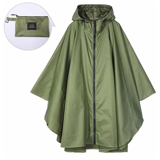 Litzee - Rain Poncho Jacket Coat For Adults Hooded Waterproof With Zipper Outdoor (Green)(Size:XL)