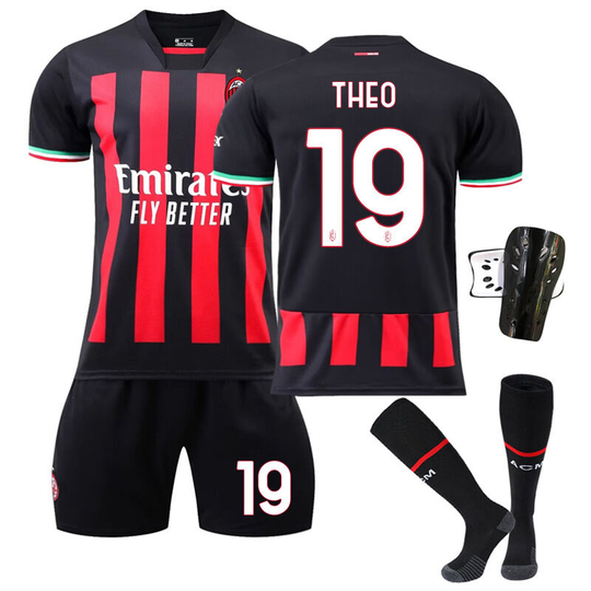 Milan home black red football suit No. 19 with socks+protective gear, children's size 22