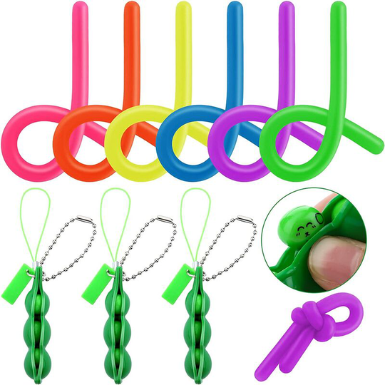 9 Pieces Fidget Toy Include 6 Pieces Colorful Stretchy String Fidget Toys and 3 Pieces Fidget Bean Toy, Build Resistance Strengthen Arms and Fidget