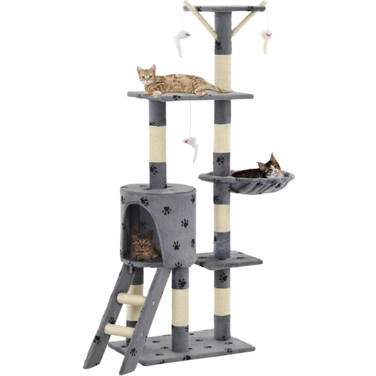 Cat Tree with Sisal Scratching Posts 138 cm Grey Paw Prints VDTD07135 - Topdeal