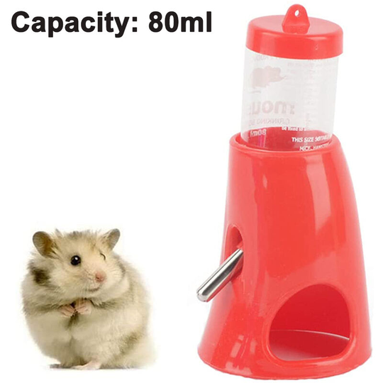 Pet Small Animals Hamster Hideout Drinking Waterer 2-in-1 Water Bottle with Base Hut for Small Animals PBA Free, red