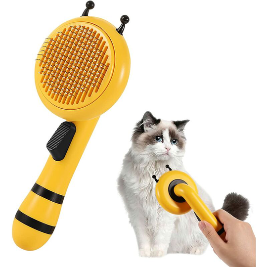 Self-cleaning brush for pets with long and short bristles, chinchilla grooming brush with ergonomic handle and yellow one-button design