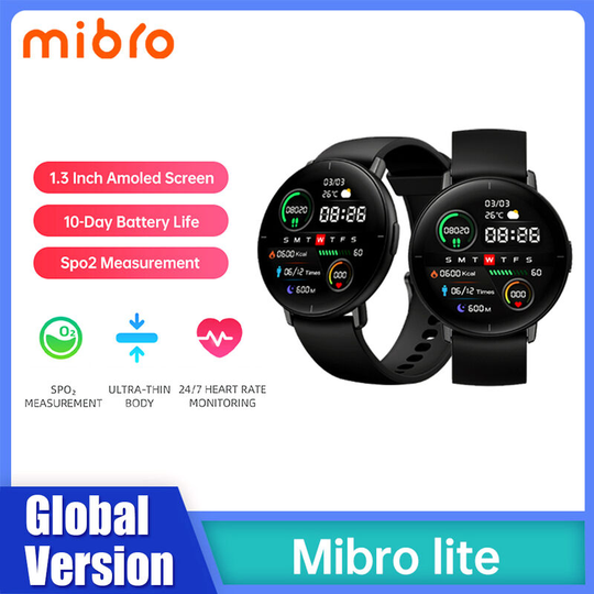 Lite Smartwatch Fitness Tracker w/1.3-Inch amoled Screen/IP68 Waterproof/Heart Rate Blood Oxygen Health Monitoring Smart Bracelet Global Version