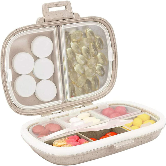 Daily pill box, portable 8 compartment pill box, vitamin pill box, separate pill box, cod liver oil (beige)