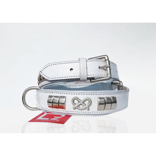 (White) STAFFORDSHIRE LEATHER DOG COLLAR FITTED WITH BRASS (CHROME PLATED) HARDWARE & STAFFY KNOT