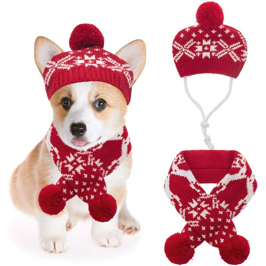 Christmas Dog Costumes Hat Scarf Set Knit Snowflake Reindeer Print 2Pcs Winter Warm Clothes for Small Dogs Cats Red White