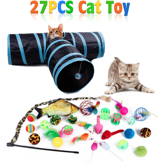 27PCS Cat Toy Kitten Toys Variety Pack Set Including Feather Teaser Fluffy Fish Mouse Crinkle Balls Tunnel Drum for Pet Kitty Puppy Christmas Gift
