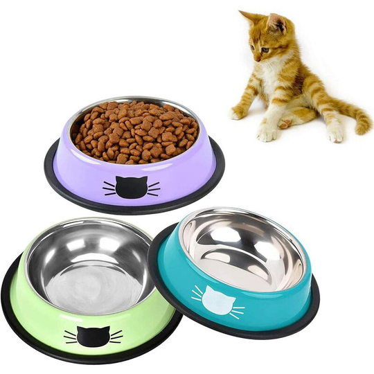 3 Pack Non-Slip Stainless Steel Cat Bowls Multi-Colored Food and Water Bowls Blue/Purple/Green