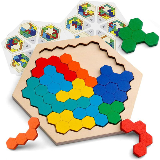 Wood Hexagon Puzzle - Shape Block Tangram Brain Teaser Toy Geometry Logic iq Game stem Montessori Educational Gift for All Ages Challenge