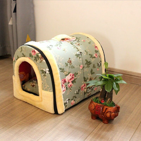 2 in 1 Pet Hut and House Machine Washable Non-Slip Foldable Soft Warm Cat Dog Puppy Rabbit Kennel Bed with Removable Pillow Green M