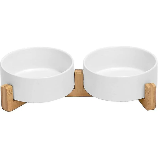 Dog Bowl Ceramic Double Dog Food Bowl With Bamboo Stand For Cats And Dogs (850ml, Gray)