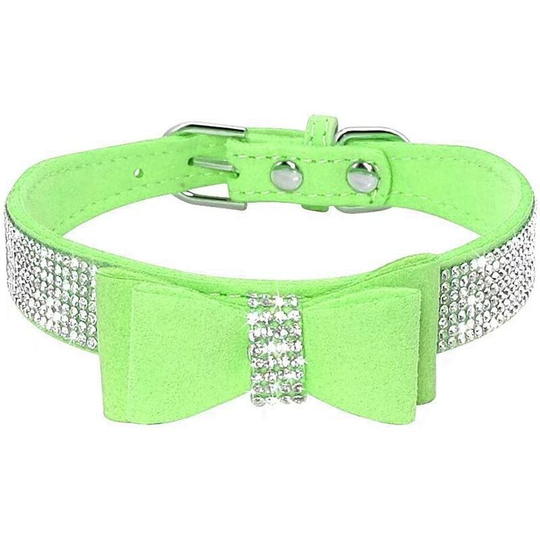 LangRay Dog collar with rhinestones, shiny, soft suede, for dogs and cats (size S, green)