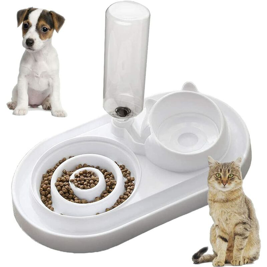Double Height Cat Bowl, Anti-Vomit and Non-Slip Bowl with 15 ° Tilt Automatic Pet Bowl, Available for Cats and Kittens - White