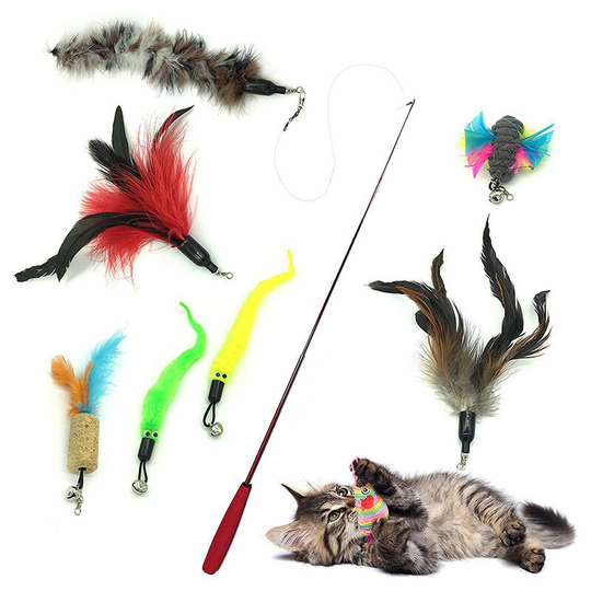 Betterlifegb - Fishing rod cat toy, interactive fun game toy with telescopic baguette, with 7 feathers, can be used for kittens and cats (feathers