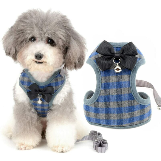 Harness and leash for small anti traction dog with bow tie and safety bell for Chihuahua Yorkshire puppy, anti-leak adjustable cat harness / blue