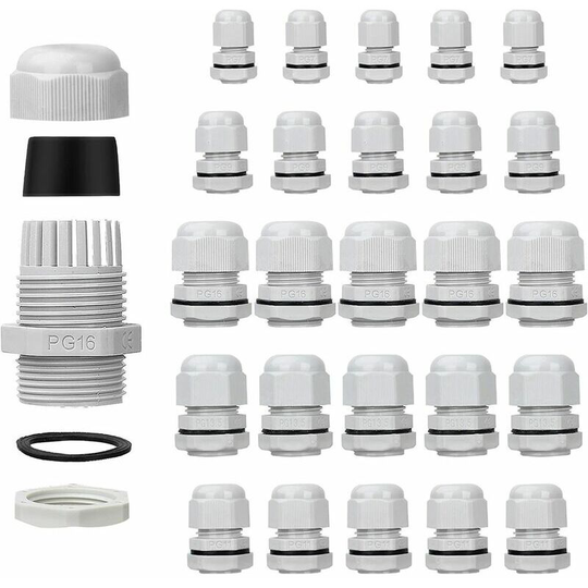 Ttio 25 Pack Waterproof Cable Glands Adjustable PG7 PG9 PG11 PG13.5 PG16 Cable Connectors Filler Nuts Plastic Gaskets with Washer White