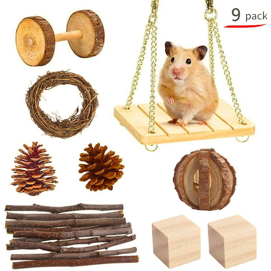 Lifcausal - Hamster Toys Hamster Chew Toys Sets 9pcs Small Animal Activity Toys Chinchilla Chew Toys with Swing Teeth Care Molar Toy for Rabbit