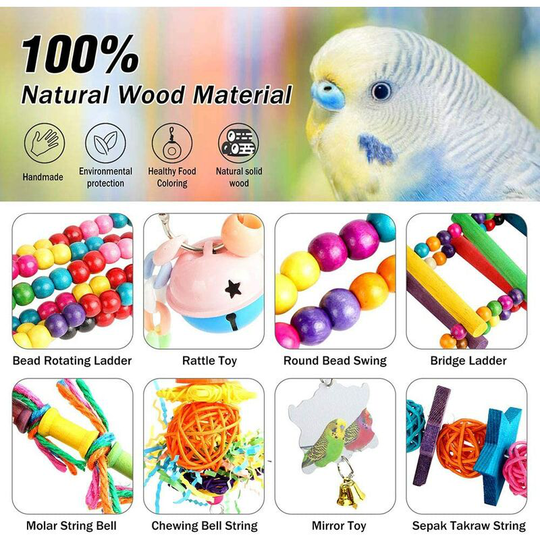 FVO - Colorful Bird Toys 10 Pieces with Chew Toys and Perch Swings for Bird Cage - Ideal Aviary Decoration and Bell Toys for Parrots, Budgies, Small