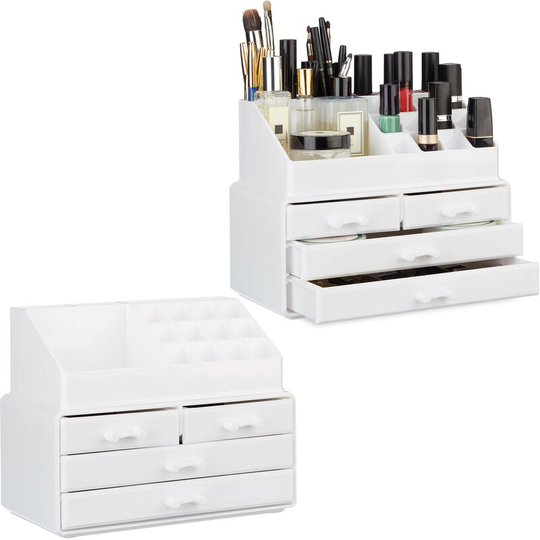 Set of 2 Relaxdays Makeup Organizers with 4 Drawers, Cosmetics Holder for Nail Polish and Lipstick, Makeup Kit, White