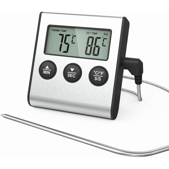 Digital Meat Thermometer with Large Display for Smoker Oven Kitchen Treats BBQ Grill Thermometer with Timer and Stainless Steel Temperature Probe