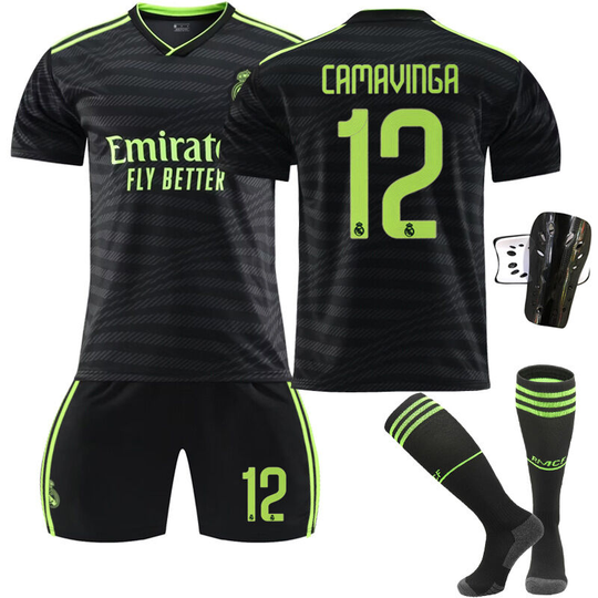 Real Madrid ii away game black fluorescent green jersey suit No.12 with socks+protective gear, children's size 22