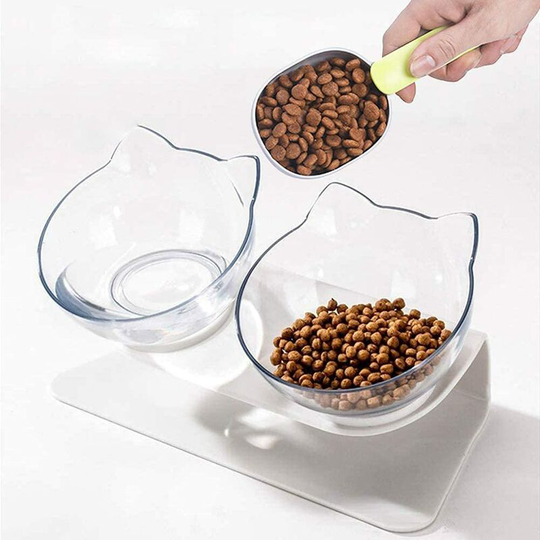 Raised Cat Bowl with Stand, Tilted Cat Bowls for Kittens Elevated Cat Bowl Anti Vomiting Double Cat Bowls Plastic Transparent Cat Feeding Bowl