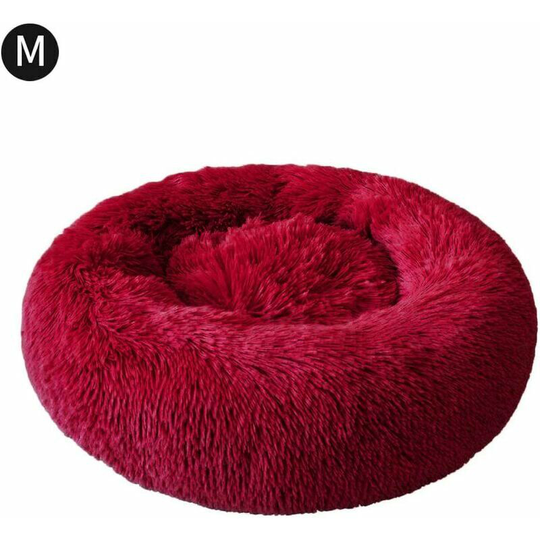Bearsu - 60cm Round Dog and Cat Bed Plush Soft and Comfortable Donut Cat Warm Soft Puppy Bed for Winter Sleeping - Wine Red