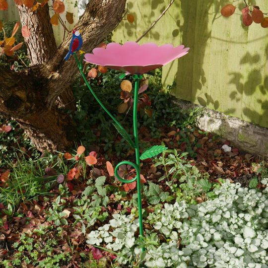 Pink Flower Birds Feeder Garden Stake Sculpture