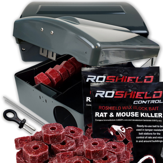 (2 Boxes & 600g Blocks) Roshield Metal Bait Box & Block Poison Rat Kit