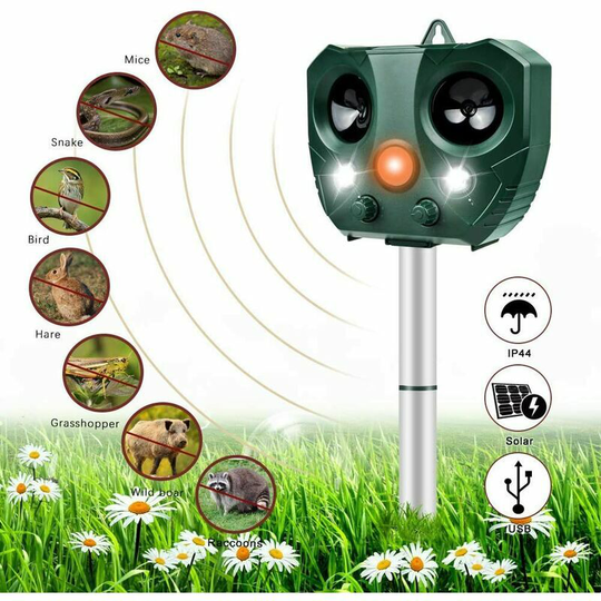 Qersta - Ultrasonic Cat Repeller, Outdoor Cat Repeller - Solar Powered Waterproof Cat Repellent and Adjustable Frequency - with Alarm and Flashing