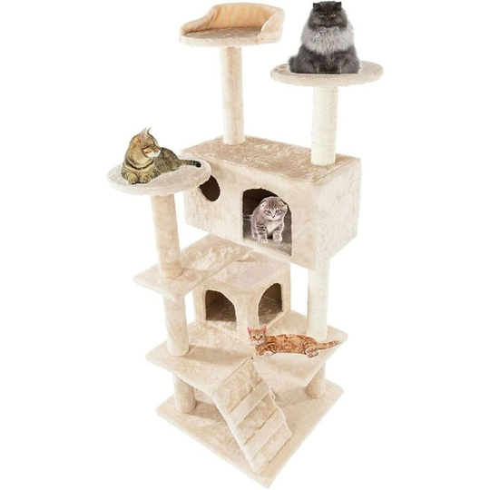 Denuotop - 52' Solid Cute Sisal Rope Plush Climb Tree Tower Beige Climbing Frame Warehouse Cat Apartments