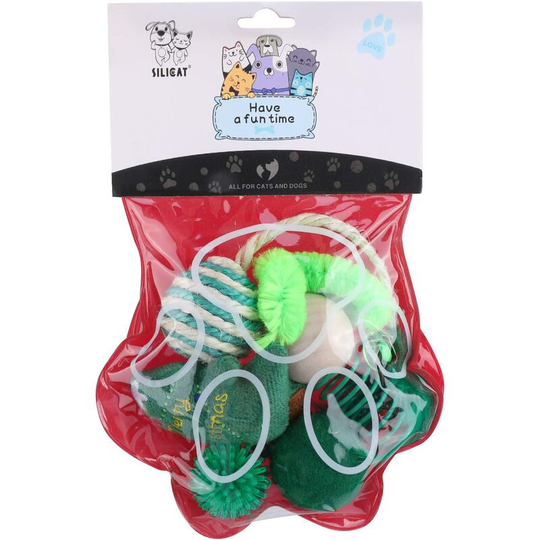 6 Pcs/Pack Christmas Dog Toys, Christmas Pet Chew Toys Set for Cats Small Dogs Puppy Pet Interactive Christmas Stocking,Green