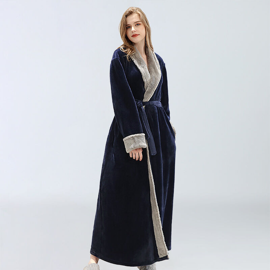 Ilovemilan - Women's bathrobe Autumn and winter Yupao embroidered logo beauty salon spa sweat shop pajamas nightgown, navy blue, l