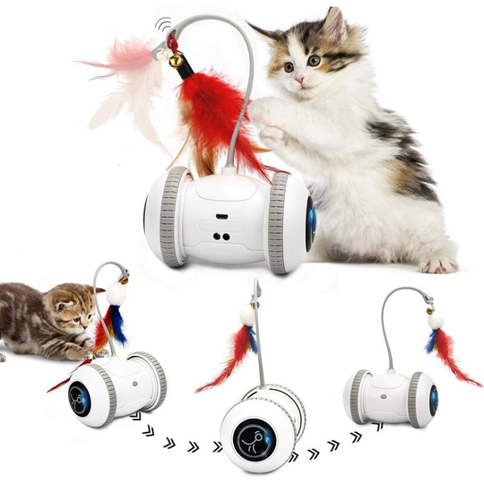 Heguyey - Interactive robotic cat toy with feathers, led light, 360 degree rotation