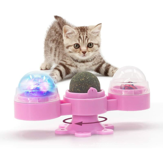 Catnip Pinwheel Ball Indoor Cat Toy, Interactive Cat Toy, Pet Spinning Tray with Catnip Ball, led Glitter Ball, Kring Ball for Cat Teeth Cleaning