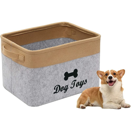 Perle Rare - Felt Pet Toy Box with Wooden Handle, Toy Storage Box, Dog Toy Basket, Light Gray Khaki