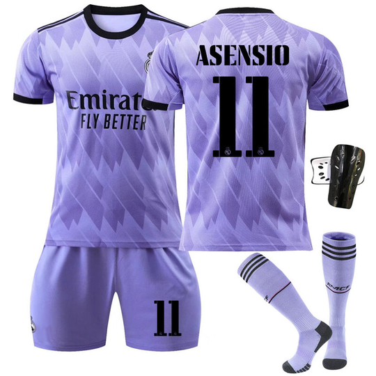 Real Madrid Stadium Away Purple Soccer Suit No. 11 with socks+protective gear, children's size 22