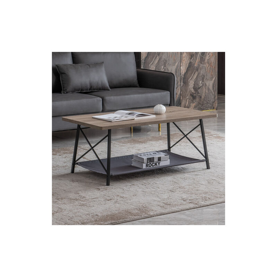 Coffee table with storage. Black metal frame with wooden top. Velvet fabric cover