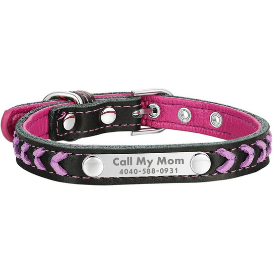 Personalized Leather Cat Collar, Adjustable Name Engraved Dog Collar with Nameplate/ID Tag, Purple