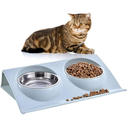 Dog Bowls, Cat Bowls, Stainless Steel Cat Bowl, Cat Bowls with Raised Stand, Portable Non-slip Removable (Blue)