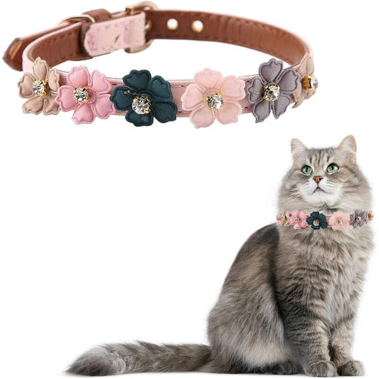 Flower Decoration Pet Collar, Adjustable pu Leather Dog Cat Puppy Collar for Cats, Small and Medium Dogs(1.3 * 42cm-Pink)