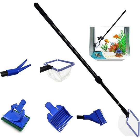 Perle Rare - 5 in 1 Aquarium Cleaning Kit, Fish Tank Cleaning Tool Set Fishnet Gravel Rake Algae Scraper Float Sponge Fork for Fish Reef Plant Glass