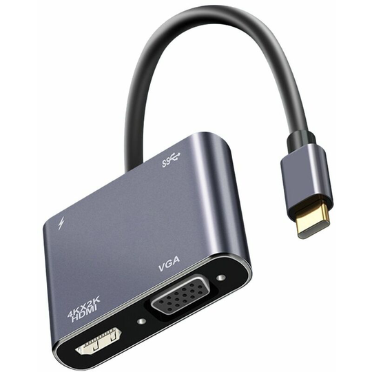 Multifunctional 4-in-1 Type-C Hub Type-C Converter Aluminum Alloy Shell up to 4K Resolution HD+VGA+USB3.0+PD Charging Ports