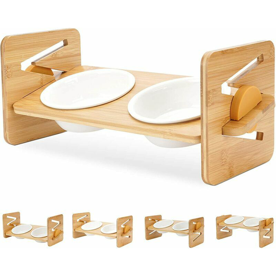 Bowls for dogs and cats, adjustable to 4 heights, raised bamboo bowl