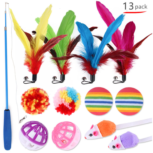 Toys for cats, a variety of combined toys, funny cat, mouse, bell, ball and feather set of 13