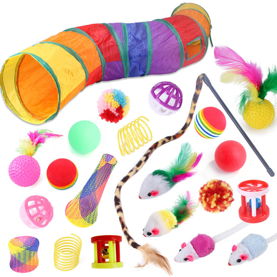22-piece Pet S-shaped Tunnel Toy Combination Set Cat Teaser Stick Rainbow Tunnel Interactive Feather Toy, Fluffy Mouse, Rainbow Ball, Cat Bell Ball,