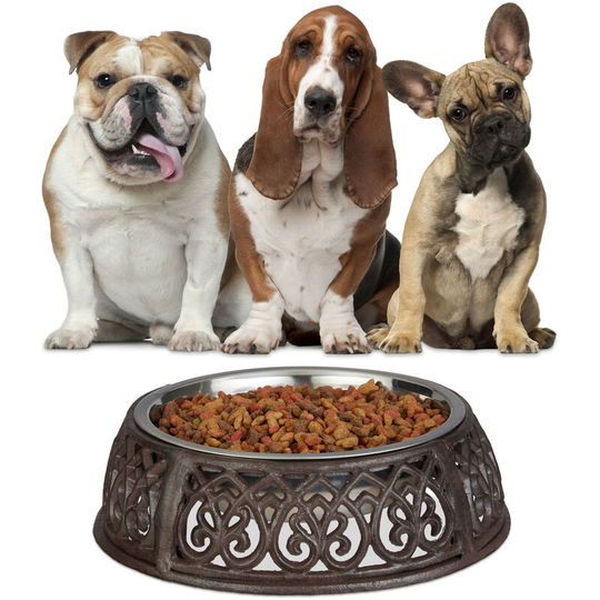 Relaxdays - Antique Food Bowl for Dogs, Nostalgic, Heavy, Cast Iron Feeder Stand, Stainless Steel Bowl 1 l, Brown