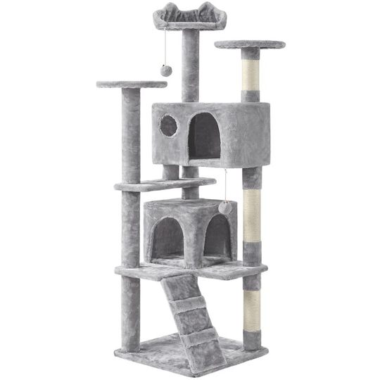 61.5'H Cat Tree Tower with 2 Condos & 2 Fur Balls & 3 Scratching Posts, Light Gray - light gray - Yaheetech