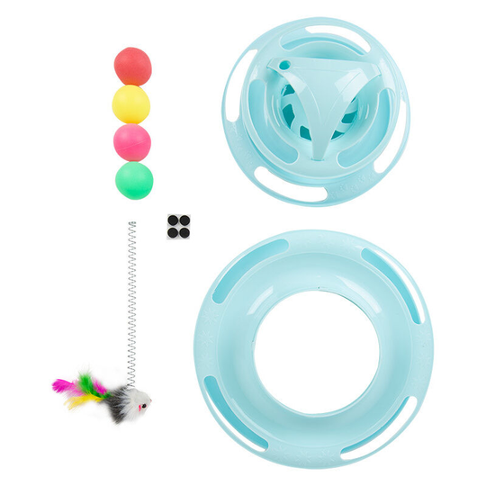 2 in 1 Cat Toy, 4 Tier Cat Maze Toy, Kitten Cat Ball Toy, Interactive Cat Toy with Catnip, Bells and Feathers (Blue)